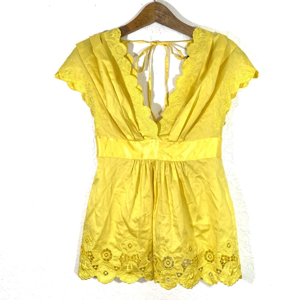 Bebe Yellow Baby Doll Scalloped V Neck Top